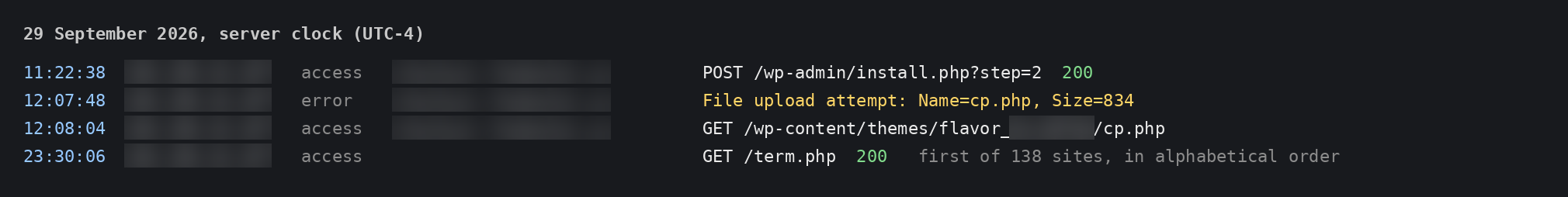 Simplified server log entries from 29 September with addresses blurred