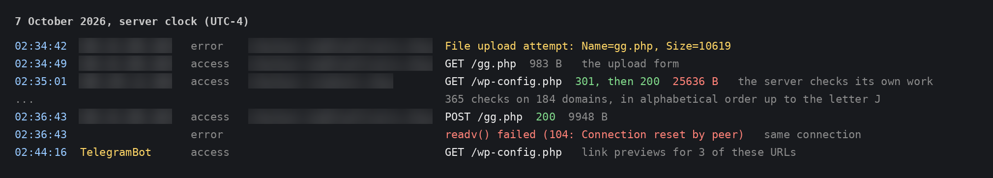 Simplified server log entries from 7 October with addresses blurred