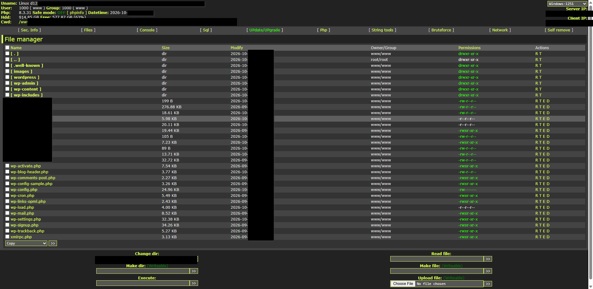 Open web shell panel listing the main folder of one checkout site, file names blacked out