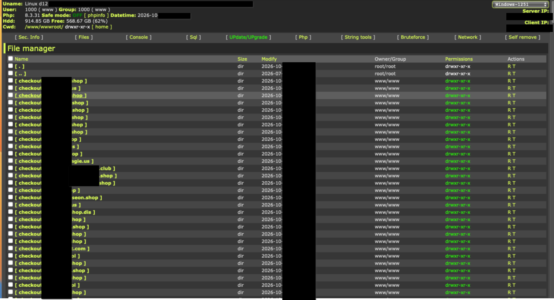 List of look-alike checkout site folders on the server, brand names blacked out